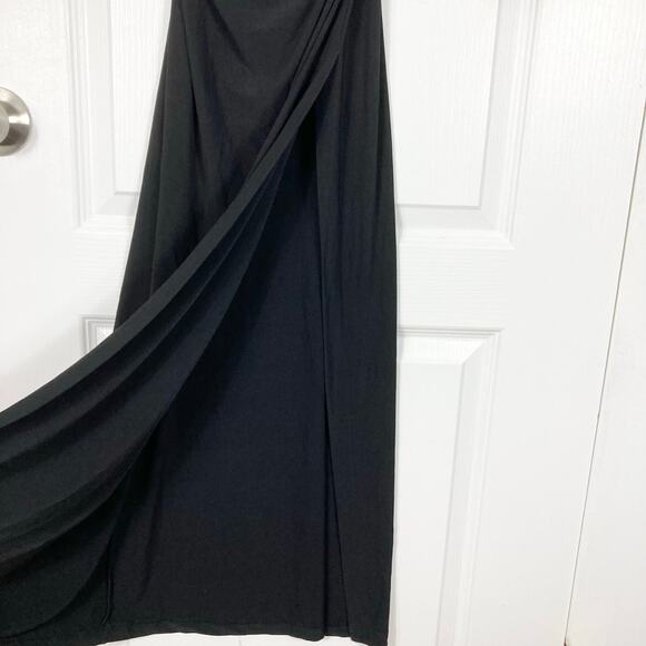 NWOT BEN DE LISI Dress US 4 Black Maxi Boat-Neck Cross Ruch Slit Side Stretch - Picture 8 of 15